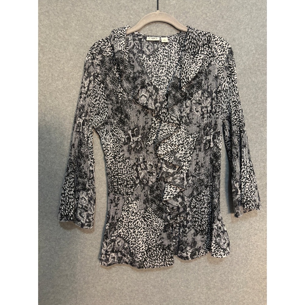 Cato Black White Animal Print Ruffle Blouse Women's‎ Medium Whimsigoth Fairy Top